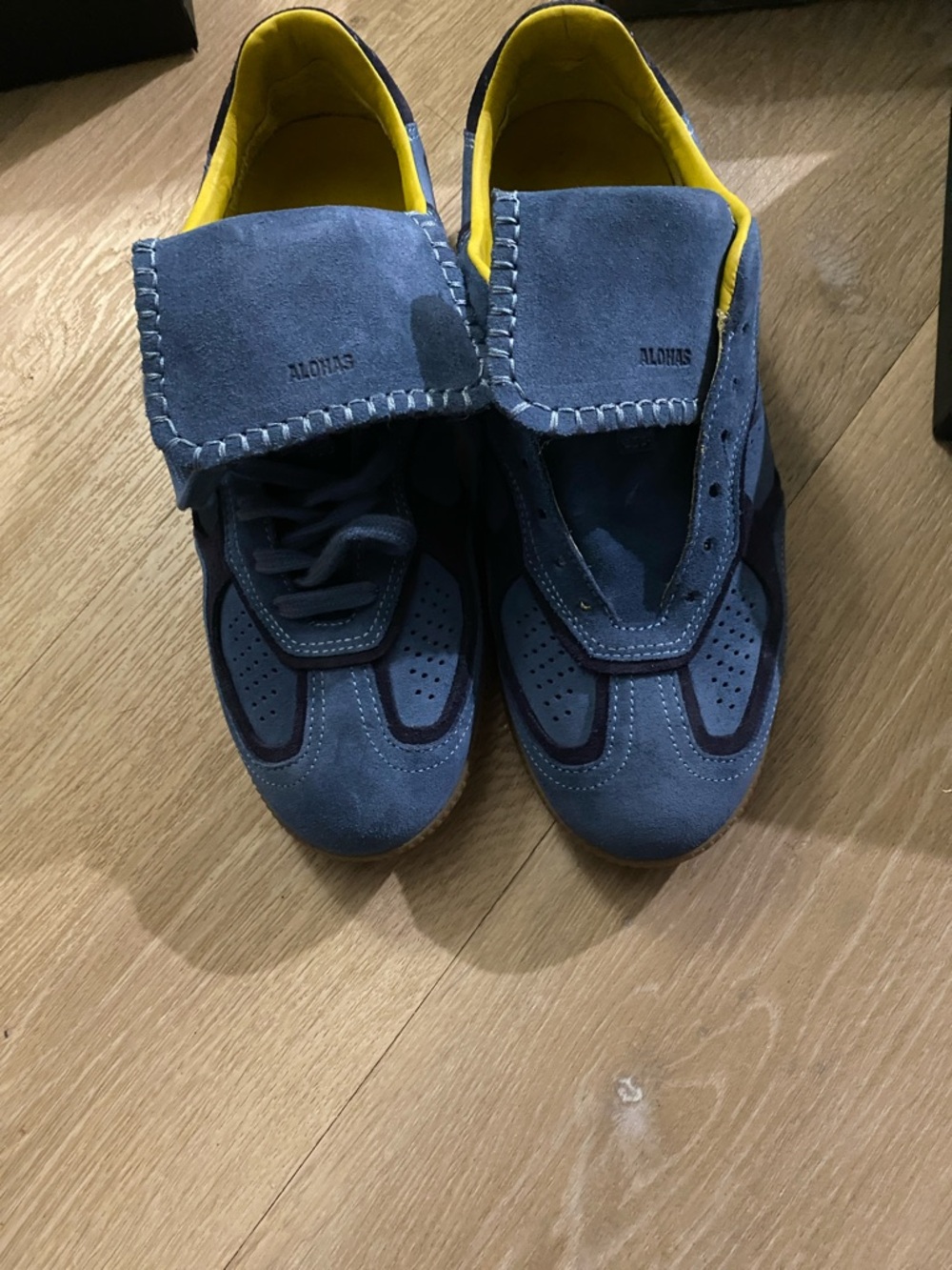 ALOHAS Men’s Blue Suede Sneakers with Yellow Interior